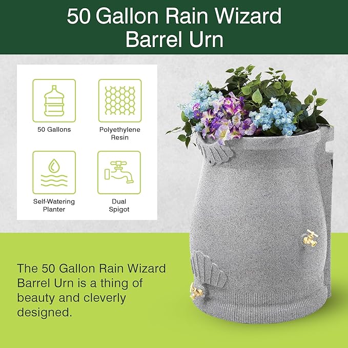Good Ideas Rain Wizard 50 Gallon Rain Saver Barrel Water Storage Urn with Planter Space and 2 Brass Spigots, Light Granite (3 Pack)