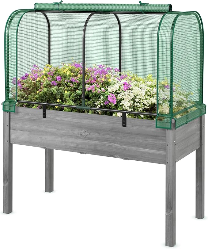 Happygrill Raised Garden Bed with Greenhouse Cover, Raised Bed with Legs & Drainage Holes for Herbs, Vegetables, Outdoor Wood Elevated Planter Box for Patio, Backyard, Balcony (Green+Grey)