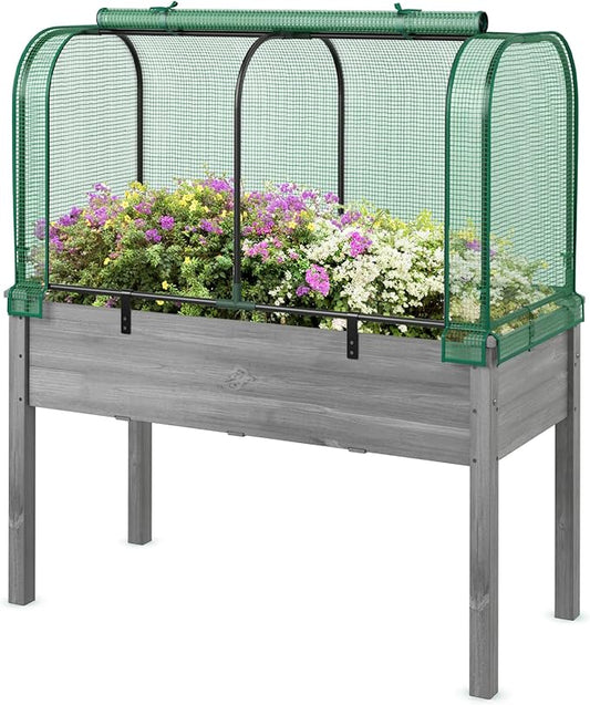 Happygrill Raised Garden Bed with Greenhouse Cover, Raised Bed with Legs & Drainage Holes for Herbs, Vegetables, Outdoor Wood Elevated Planter Box for Patio, Backyard, Balcony (Green+Grey)
