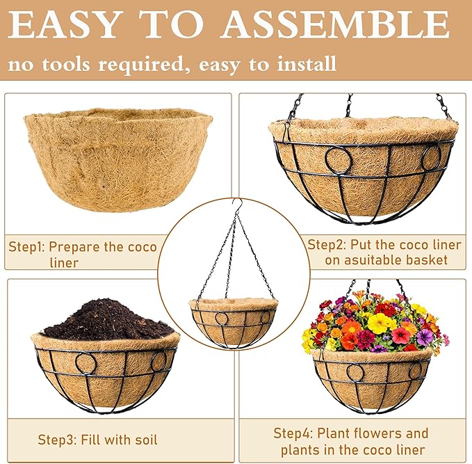 2 Pack 12" Round Metal Hanging Basket for Outdoor Plants Durable Large Hanging Planter with Coco Coir Round Plant Holders Planter for Outside Garden Decoration (Circular)