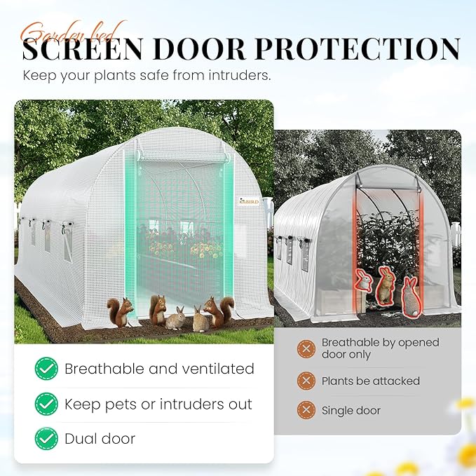 KING BIRD Premium 15x7x7 FT Greenhouse for Outdoors, Large Walk-in Heavy Duty Galvanized Steel Frame, Mesh Door Screen Window Tunnel Hoop Garden Plant Winter Hot House with Irrigation Kit, White