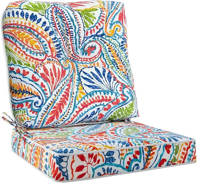 JMGBird Outdoor Chair Cushions Set - Waterproof 19"x19" Deep Seat & Back Cushions with Ties, UV Resistant Paisley Pattern Patio Furniture Cushions