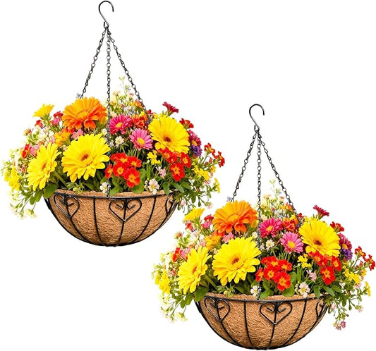 2 Pack 12 Inch Metal Outdoor Hanging Baskets Black Heavy Duty Hanging Planters with Coco Liners for Indoor Outdoor Plants Gardens Patios Terraces（Heart-Shaped）