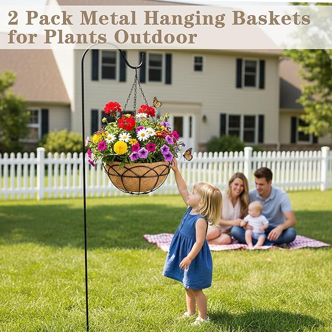 EIMQUVW 12 Inch Outdoor Patio Hanging Planters (Pack 2) Black Round Coconut Fiber Hanging Baskets with Chain and Hooks Metal Flower Pots Suitable for Balcony Railings Garden Pergolas