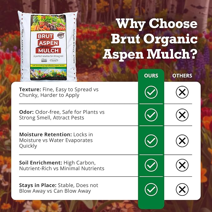 Brut Organic Aspen Mulch 10 QT – Natural Moisture Retainer & Root Protector – Odor-Free, Nutrient-Rich Bark Mulch for Landscaping, Garden Beds & Potted Plants