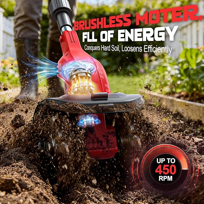 Cordless Tiller Cultivator Compatible with Milwaukee 18V Battery(Tool Only), 450RPM Electric Tiller for Gardening, 9"x6.3" Tilling, 48 Reinforced Steel Tines Rototiller for Lawn/Soil Cultivation