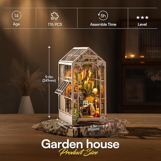 ROBOTIME Book Nook Kit - DIY Miniature House Kit, 3D Wooden Puzzle Booknook, Bookend Bookshelf Insert Decor with LED Light, DollhouseTiny House Hobby Diorama Kit Unique Gifts (Garden House)