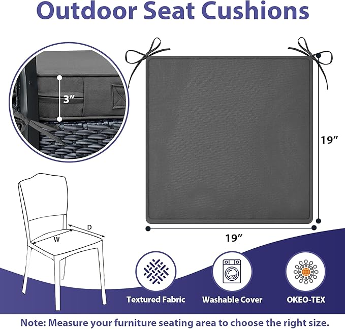 IPYNBAP Outdoor Chair Cushions Set of 4,Waterproof Outdoor Seat Cushions for Patio Furniture,Patio Chair Cushion with Handle and Ties, Square Out Door Chair Pads,19" x 19" x 3", Darkgrey