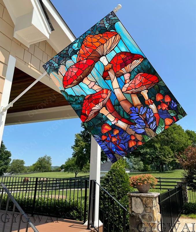 Stained Glass Mushroom Spring House Flag 28x40 Inch Double Sided, Large Burlap Garden Yard Flag for Seasonal Farmhouse Outside Outdoor Decor