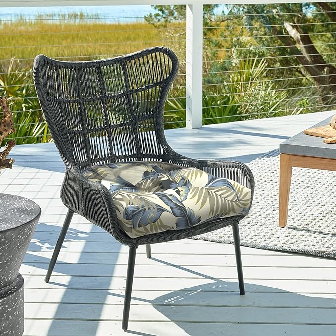 DYTXIII Set of 2 Outdoor Chair Cushions 19"x19"x4", Water Repellent Tufted Patio Seat Cushions with Ties, Thick Replacement Pads for Wicker Dining Chairs, Patio Furniture, Lush Palm Blue