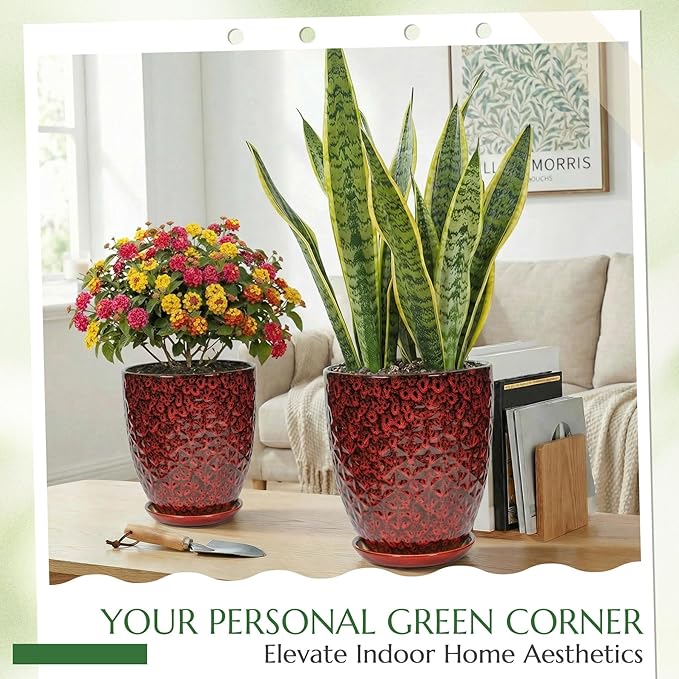11.8 Inch Flower pots for Indoor Plants,Ceramic Planter with Saucer Drainage Leak-Proof Mesh Gardening Gloves (Diamond Red)