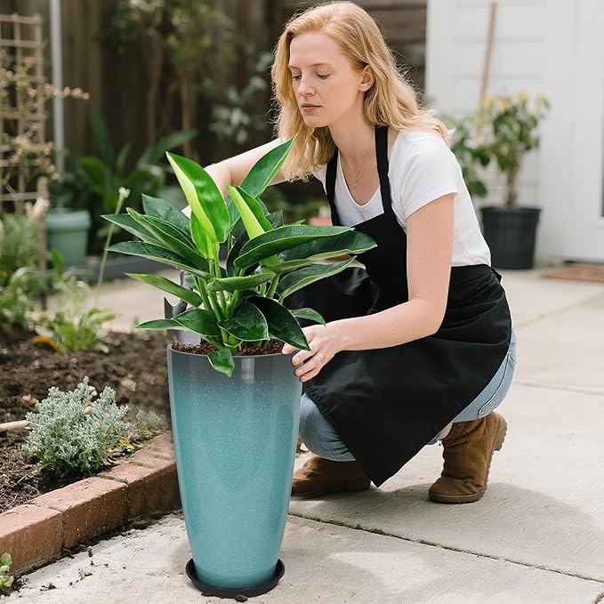 Neoaider 24/21/12 Inch Large Plastic Planter, Lightweight Ceramic-Look Tall Planters with Drain Hole & Saucers, Tall Plastic Planters for Porch, Garden, Patio, Balcony(Sky Blue)