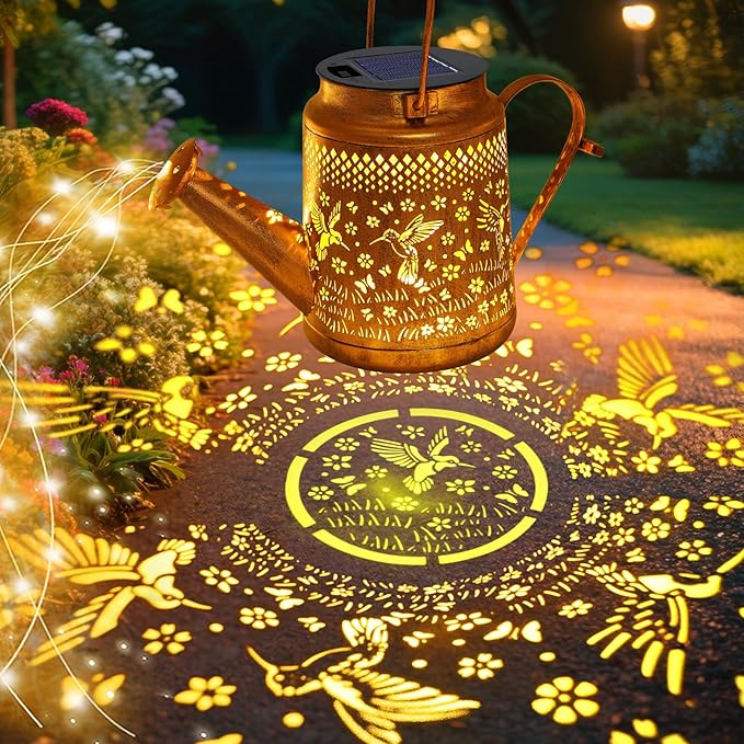 VOOKRY Solar Lights Outdoor Waterproof, Hummingbird Retro Metal Solar Watering Can Lights, Gifts for Women Mom Grandma Mother's Day, Hanging Lantern Decorative Garden Decor for Outside Yard Lawn Patio