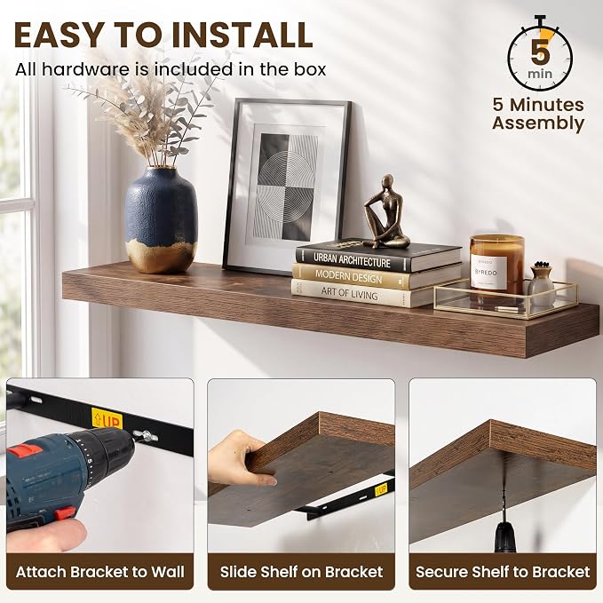 16x8in Floating Shelves 2 Pack, Wall Mount Display Shelf, Rustic Brown | Invisible Brackets, 18lb Sturdy MDF, 8in Deep Shelf, Easy Install, For Bedroom, Bathroom, Living Room, Kitchen & Office