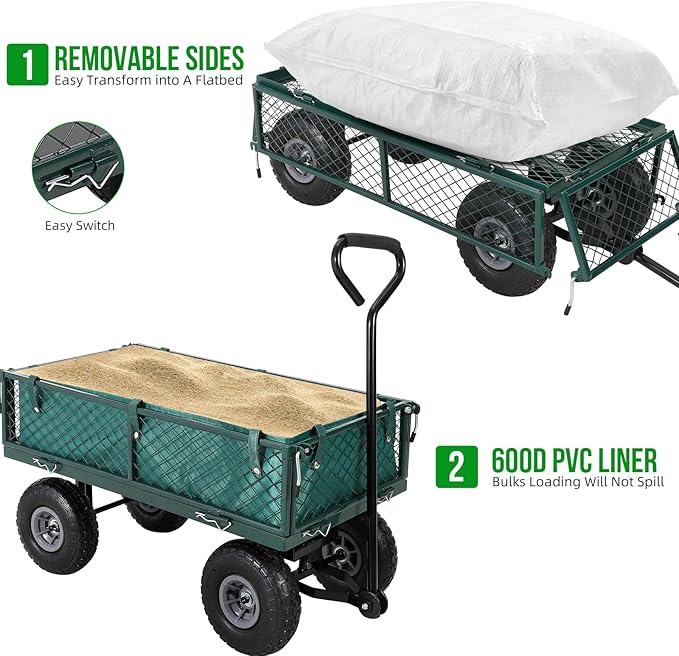 GarveeLife Heavy Duty Steel Garden Cart Folding Utility Wagon with Removable Cart Liner, 500 LBS Capacity