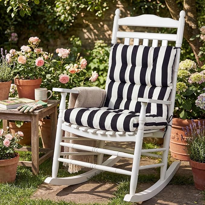 Hoteam 2 Pcs High Back Chair Cushions Set - 44'' x 21'' Indoor Outdoor Waterproof Soft Thicken Stripes Replaceable Cushion for Garden Summer Rocking Chair, Patio Furniture (Black Stripes)
