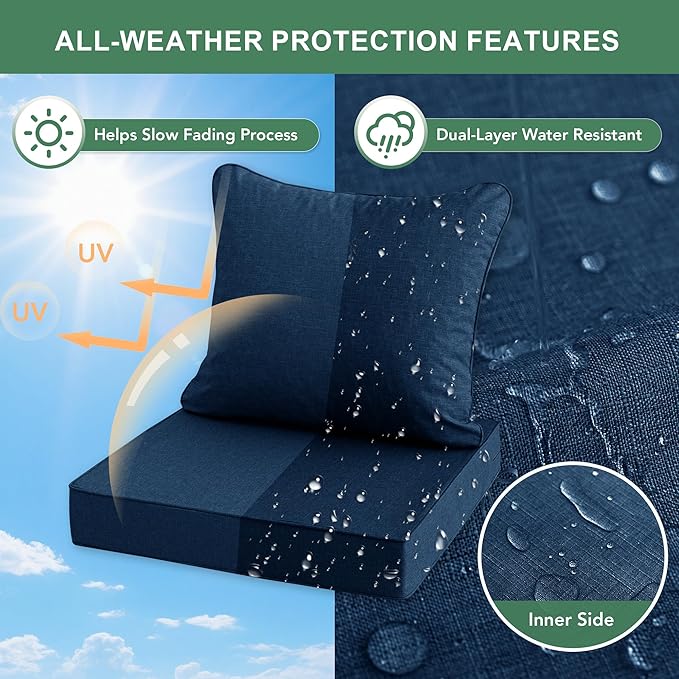 Summsun Outdoor Chair Cushions, Faux Linen Backrest and Deep Seat Cushion Set for Patio Furniture with Weather Resistant Removable Cover, Ties, Non-Slip Bottom, 22 x 22 Inch, Navy