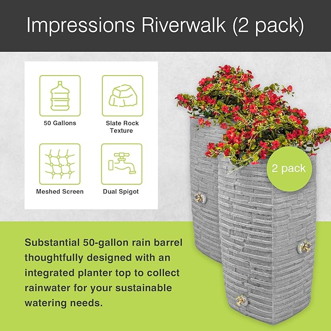 Good Ideas Impressions Riverwalk 50 Gallon Faux Slate Surface Dual Spigot Rain Barrel with 2 Brass Spigots and Screen, Light Granite (2 Pack)