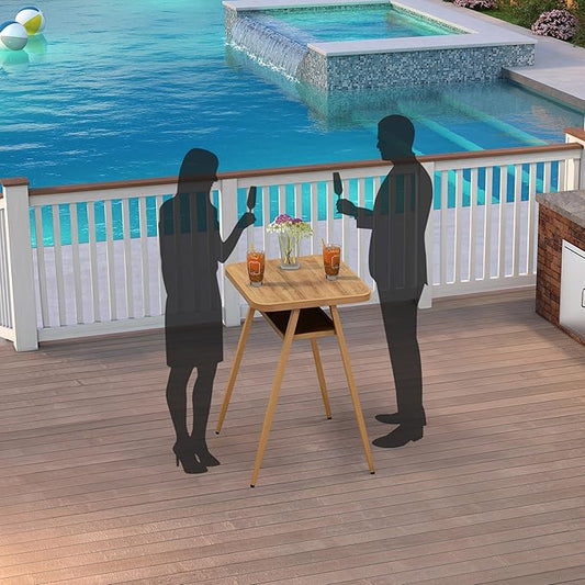 PURPLE LEAF Outdoor Aluminum Counter Height Bar Stools Table with Shelve Pub High Table for Patio Poolside Deep Teak
