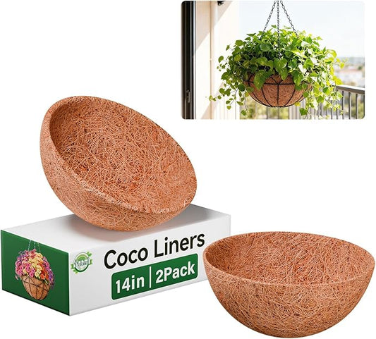Halatool 14 Inch Hanging Basket Coco Liners Replacement, Round Coconut Liners for Planters Baskets, Made of 100% Natural Coco Fiber for Flowers Vegetables Garden, Drainage & Retain Moisture (2 Pack)