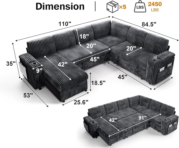 Vipbear 111" Modular Sectional Sleeper Sofa with Pull Out Bed, 7 Seat Plush Corduroy L Shaped Couch with Storage Chaise|USB Ports|Cup Holders|Side Table|Storage Armrests, Tool Free Assembly, Grey