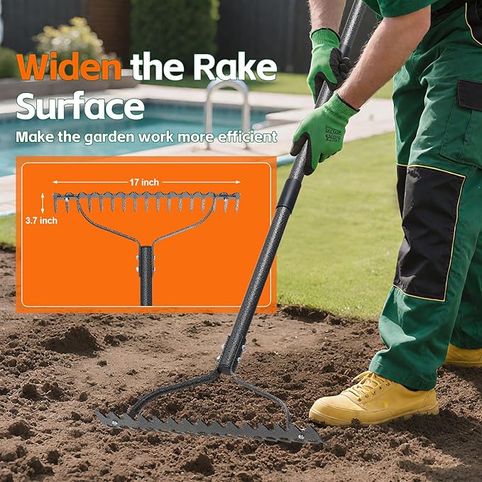 Bow Rake, 63" Adjustable Long Handle Lawn Leveling Garden Rake with 17 Tines, Garden Tool with Heavy Duty Metal for Looseing Soil, Weede Control