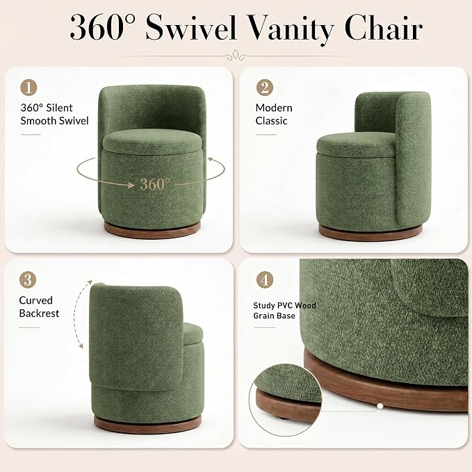 Ottoman with Storage, Round Vanity Stool with Back | 22L Hidden Seat, 360° Swivel, Reversible Lid, No Wheels, Upholstered Makeup Footstool for Bedroom