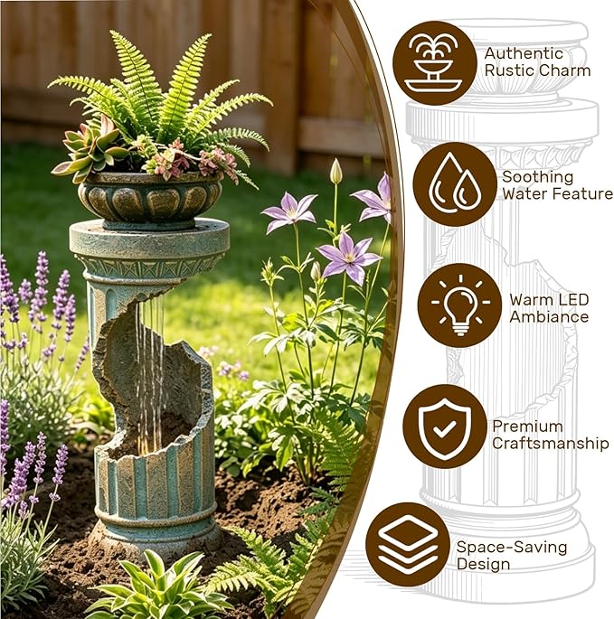 Sunlinua Outdoor Water Fountain with LED Light, Modern Spiral Tiered Outdoor Fountain with Stone Planter Curved Freestanding Waterfall Fountains for Garden Patio Deck Porch Gold