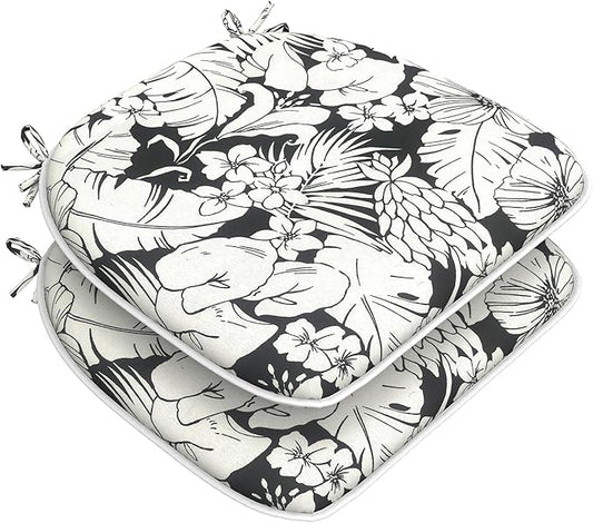 DYTXIII Set of 2 Outdoor Chair Cushions with Ties, Water Repellent Patio Chair Pads 17"x 16" for Outdoor Furniture, Round Corner Seat Cushions for Garden Yard Kitchen Tropical Blossom Noir
