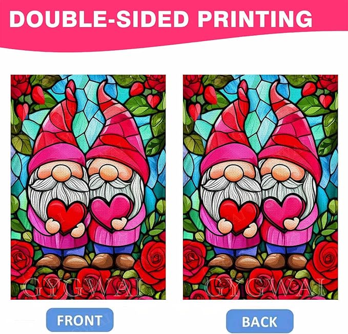 Valentines Gnomes House Flag 28x40 Inch Double Sided Outside, Stained Glass Valentines Yard Flag for Anniversary Wedding Outdoor Decoration