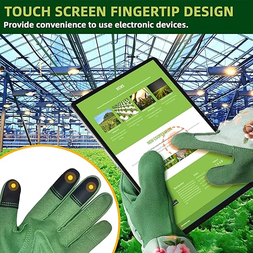 WANCHI Gardening Gloves for Women, Comfortable Floral Long Sleeve Garden Gloves for Gardening and Outdoor Work, Durable Leather Long Gardening Gloves, Great Gift Ideas for Ladies, Green Print (Large)
