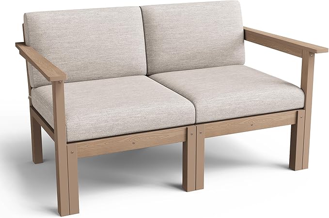 Stoog Modular 2-Seater Outdoor Loveseat, Convertible Sofa with Removable Arm – Waterproof HIPS Frame & Olefin Cushions for Patio, Poolside, Backyard, Teak