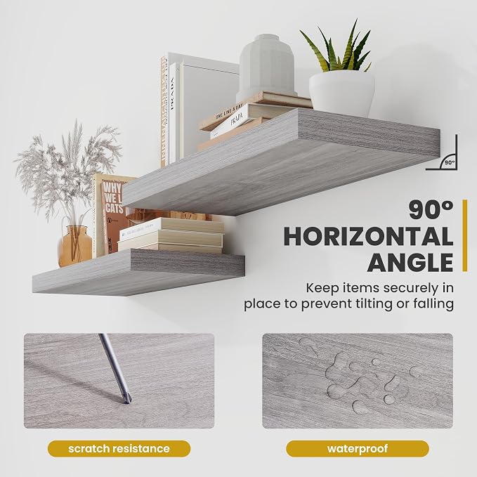 Acovy 40 Inch Floating Shelves, 9.3" Deep Floating Shelf Wall Mounted, 40" Wall Shelves, Rustic Deep Bookshelf, Large Display Shelves & Storage Shelves for Bedroom, Living Room, Gray, Set of 2
