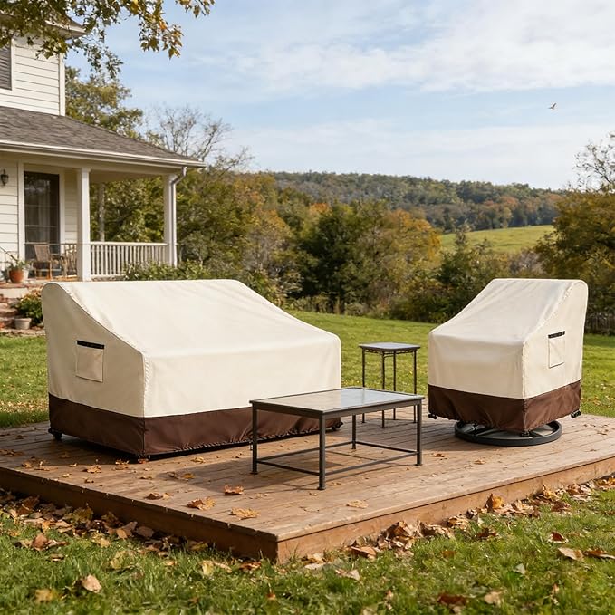 3-Seater Patio Sofa Cover, 600D Heavy Duty Waterproof Outdoor Sofa Covers, 79 W x 38 D x 35 H Inches Outdoor Couch Cover, Patio Furniture Covers, Lvory&Brown