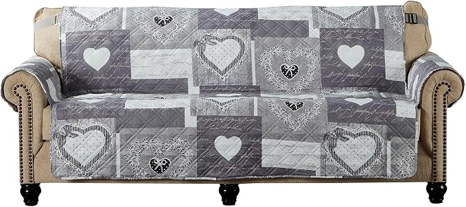 Brilliant Sunshine Grey Heart Love Patchwork Loveseat Cover, 54" seat
