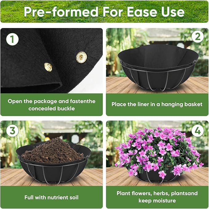 HKZ Hanging Planter Basket Liners - 4 Pack 12 Inch Round Fabric Liners for Hanging Baskets, Replacement Coco Fiber Liner, Durable Non-Woven Liners for Hanging Baskets Planters Flowers, Plants (Black)