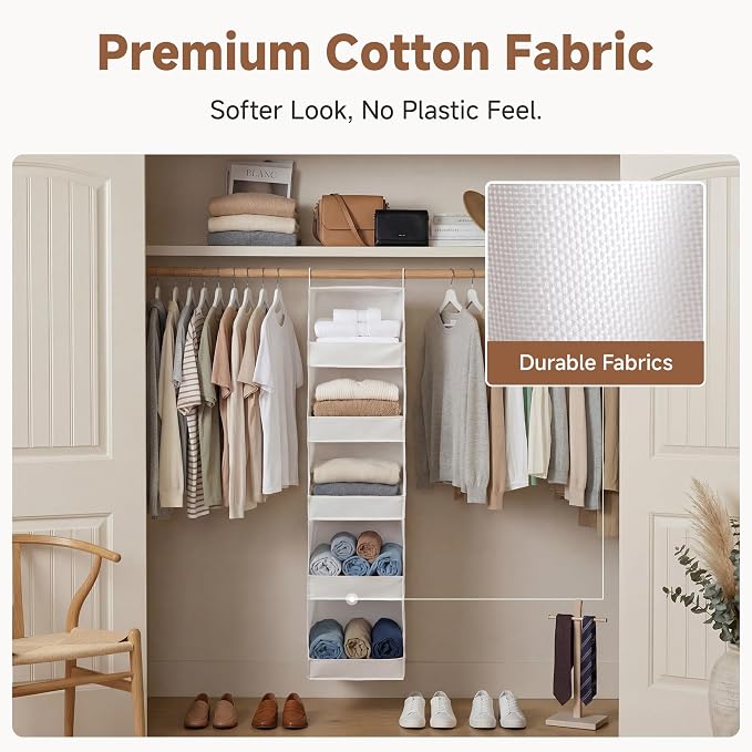 StorageWorks Basics Hanging Closet Organizer, Foldable Storage Organizer | 5-Shelf Wide Trapezoid Closet Shelves with Reinforced Anti-Sagging Support for Sweaters, Hoodies and Handbags, Beige