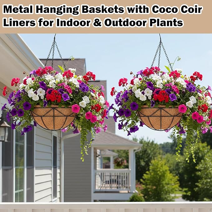 Hanging Baskets for Outdoor Plants (12 inch 4 Pack) Black Metal Wire Flower Basket Coconut Coir Hanging Planters with Chain Indoor Plant Holder for Patio Garden Balcony