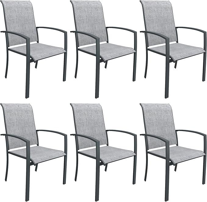 DIFY Patio Chairs Set of 6, Stackable Outdoor Dining Chairs with High Back & Metal Frame, All Weather Breathable Textilene Fabric Outdoor Chairs Set for Backyard Garden Deck, Grey