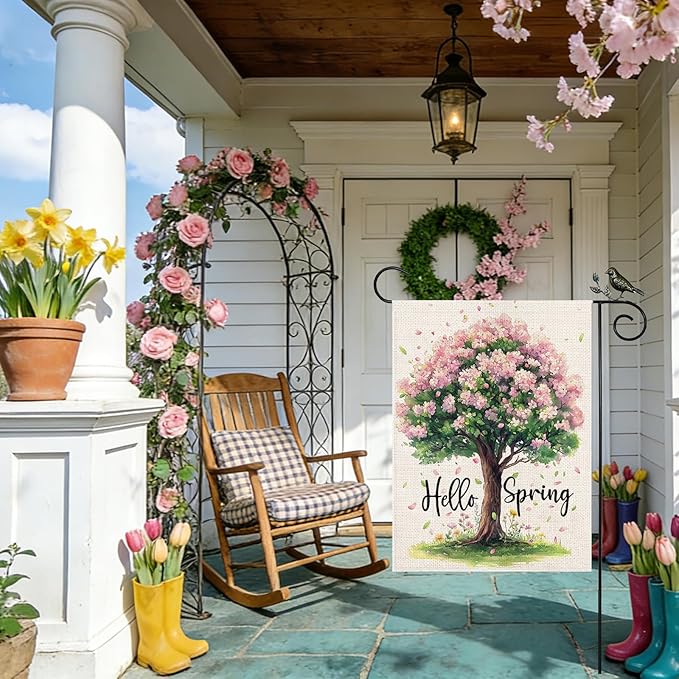 GEEORY Spring Garden Flag 12x18 Inch, Pink Floral Tree Double Sided Spring Summer Small Floral Flag, Farmhouse Rustic Outdoor Decor for Outside Yard Lawn Decoration