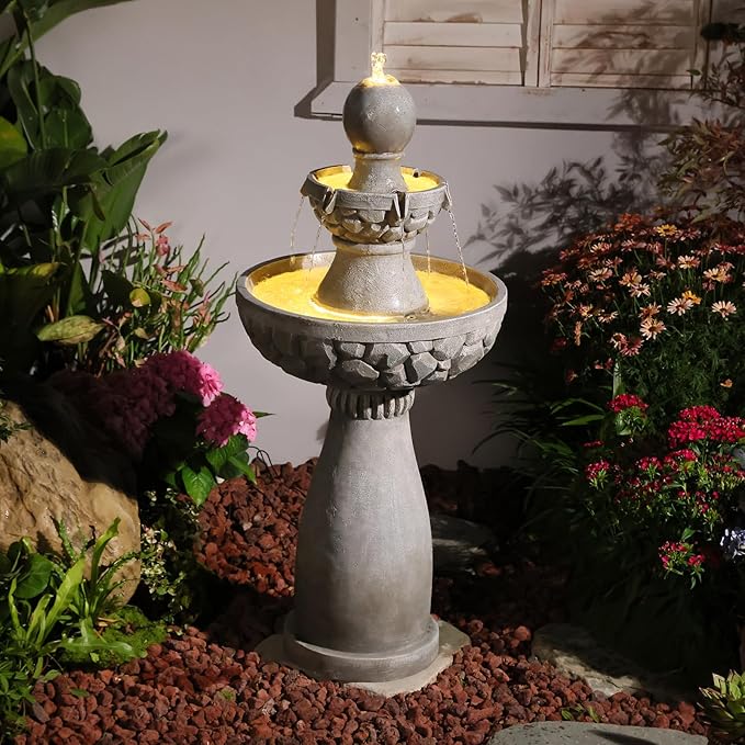 Sunlinua 46.5H 3-Tier Outdoor Water Fountain with LED Lights Italian Resin Garden Fountain for Patio Yard Weather-Resistant Cascading Waterfall Feature with Quiet Pump Elegant Backyard Décor Gray