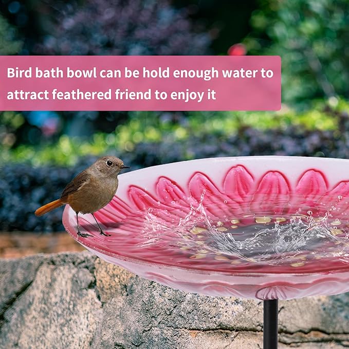 MUMTOP Glass Bird Bath, Garden Outdoor Birdbaths Birdfeeder with Metal Stake Pink Flower