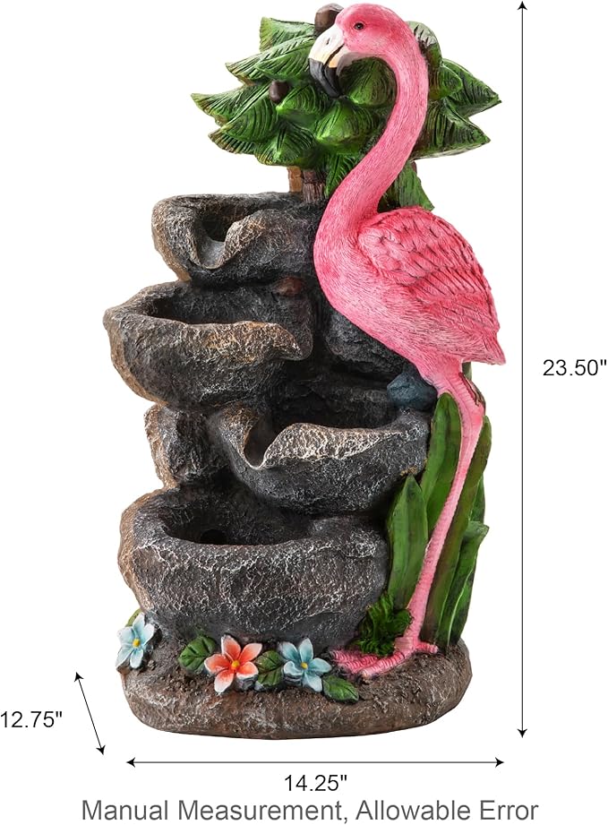 Glitzhome Outdoor Water Fountain, 4-Tiered Flamingo Outdoor Fountain with Lights, 23.5" H Polyresin Decorative Waterfall Feature Garden Fountain with Pump for Garden, Patio, Yard, Deck, Porch Decor