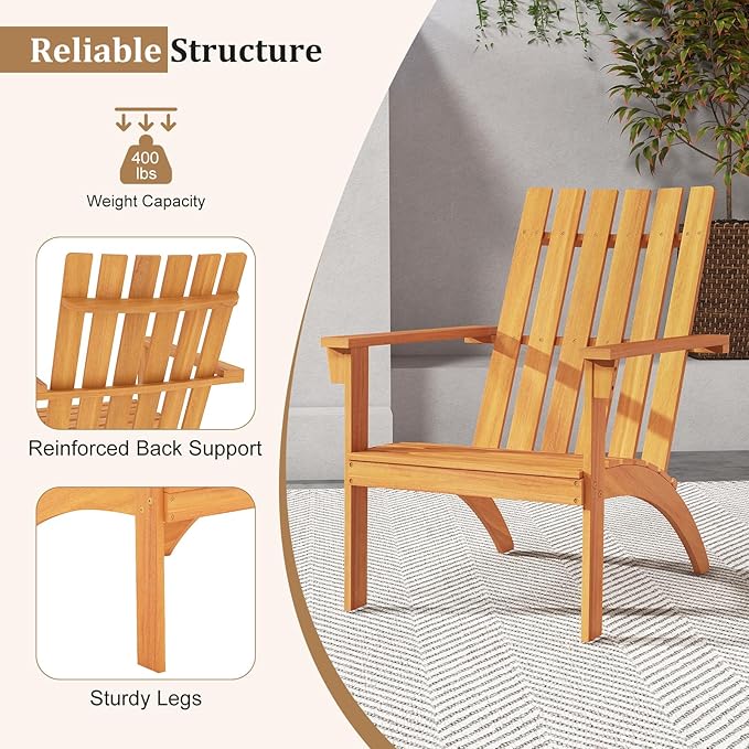Tangkula Outdoor Adirondack Chair, Solid Acacia Wood Fire Pit Chair with Inclined Backrest, Curved Seat & Wide Armrests, Wooden Lawn Chair for Porch, Patio, Garden, Backyard, Deck (4, Natural)