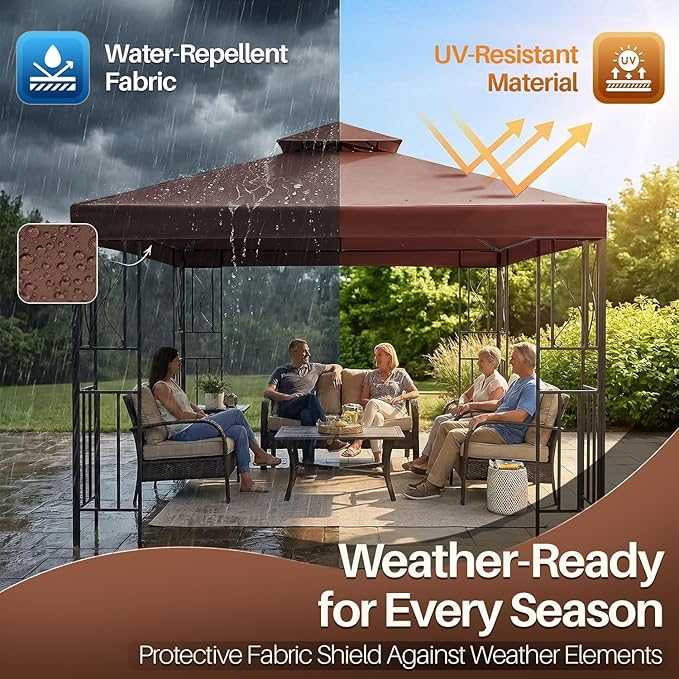 Flexzion Gazebo Cover Replacement Canopy Top 8x8 Ft (2.4m x 2.4m) - Double Tier Top Canopy Cover Replacement with UV30+, Dirt, Water Resistant for Outdoor, Sunshade, Garden, Patio, Pavilion (Brown)