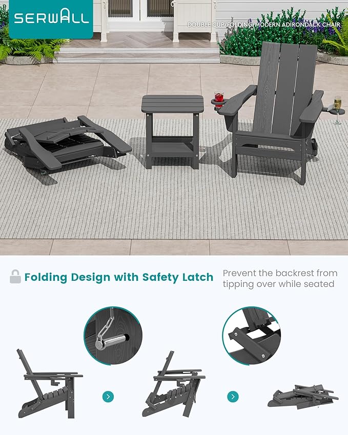 SERWALL Outdoor HDPE Adirondack Chair Set 2，Folding Adirondack Chair with Cup Holders, All Weather Resistant Modern Adirondack Chair, Gray