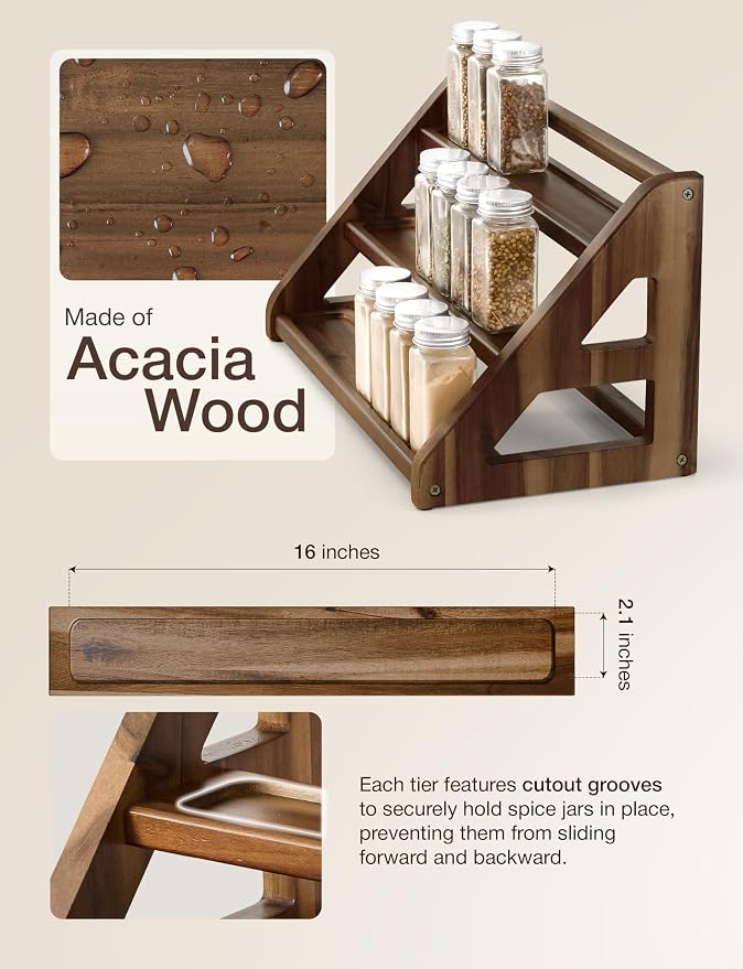 Tinamo Acacia Wood Spice Rack, 3-Tier Spice Rack Organizer for Countertop | Solid Acacia Wood, 3-tier Spacious Design for 24 Spice Jars, Cutout Grooves for Secure Storage, Easy Assembly, Walnut Finish