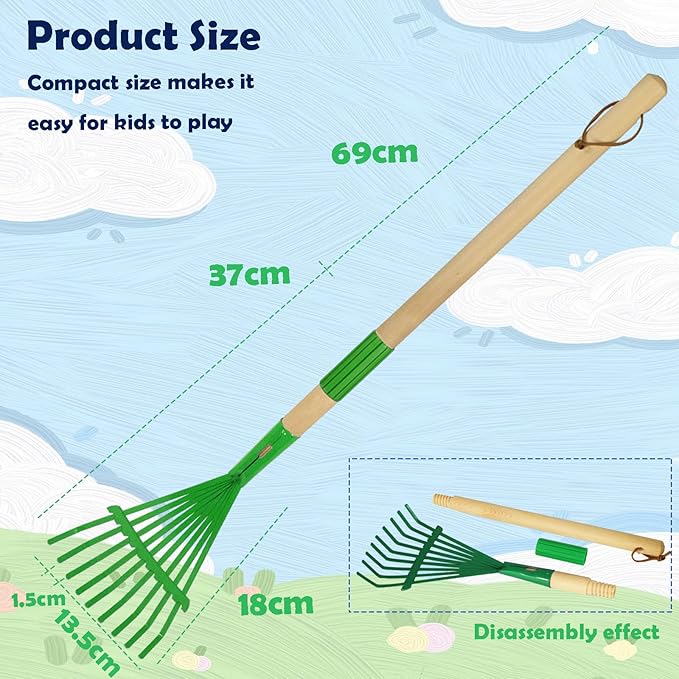 Kids Leaf Rake-Small Wooden Handle Leaf Rake with Metal Tines, 27inches /69cm Length, for Kids Enjoy Garden Cleaning Activities (Green)