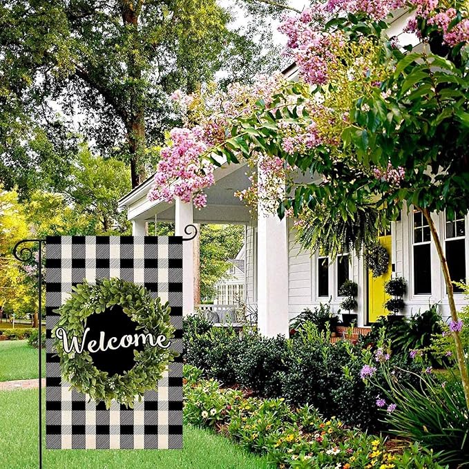 Baccessor Boxwood Wreath Welcome Garden Flag Double Sided, Buffalo Plaid Check Spring Yard Flag Burlap, Small Farmhouse Rustic Flags for Outdoor Outside Decor 12.5 X 18 Inch
