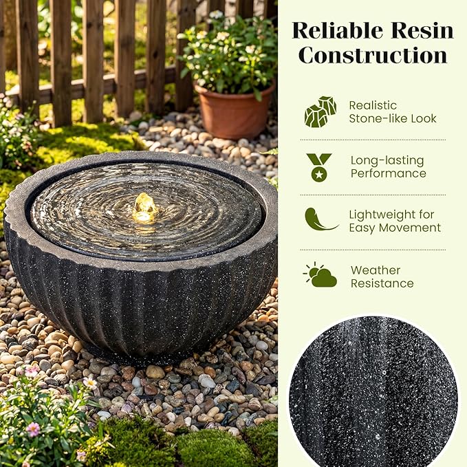 Giantex 18" Round Outdoor Water Fountain with 6 LED Lights, Stone Gray Resin Sphere Waterfall Feature with Adjustable Pump, Lighted Bubbling Fountain for Garden Patio Porch Decor (18" Dia. x 9.5" H)